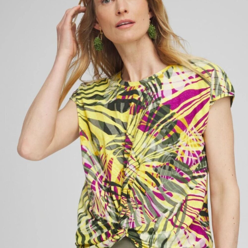 Chico's Palms Inverted Knot Front Tee - Size S - Tropical Vacation Resortwear